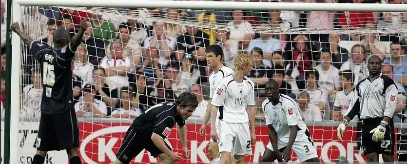Jay Tabb celebrates after scoring at Swansea