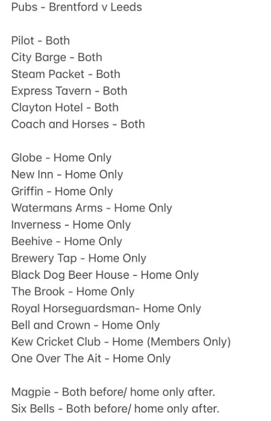 List of pubs for Brentford v Leeds game